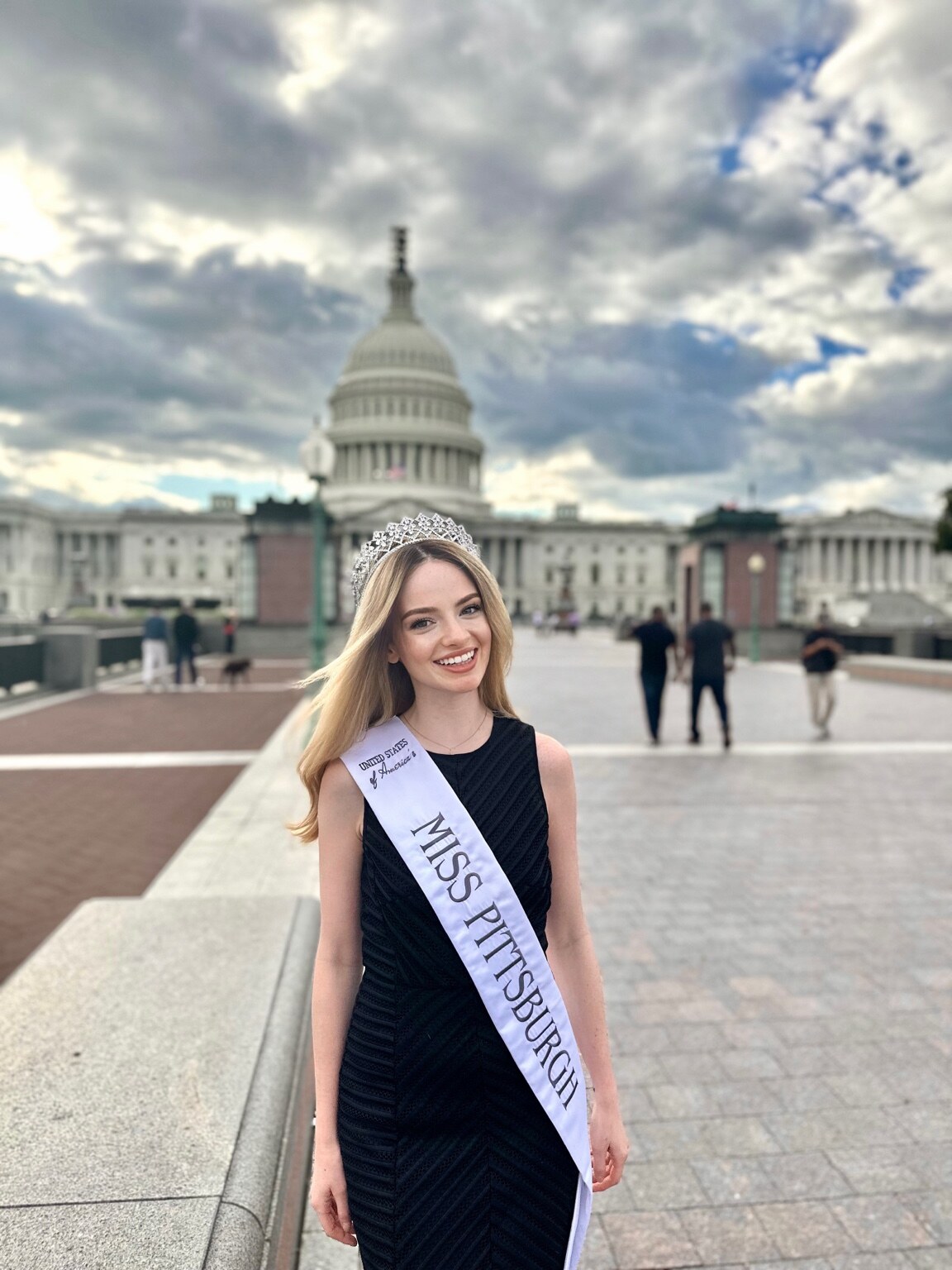Madison Campbell wearing her Miss Pittsburgh sash outside the U.S. Capitol