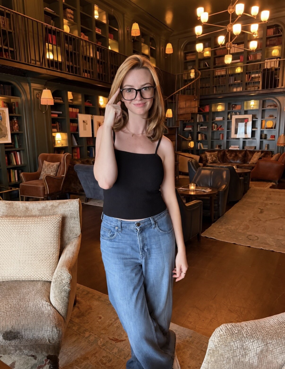Madison Campbell wearing glasses in a warmly lit library lounge